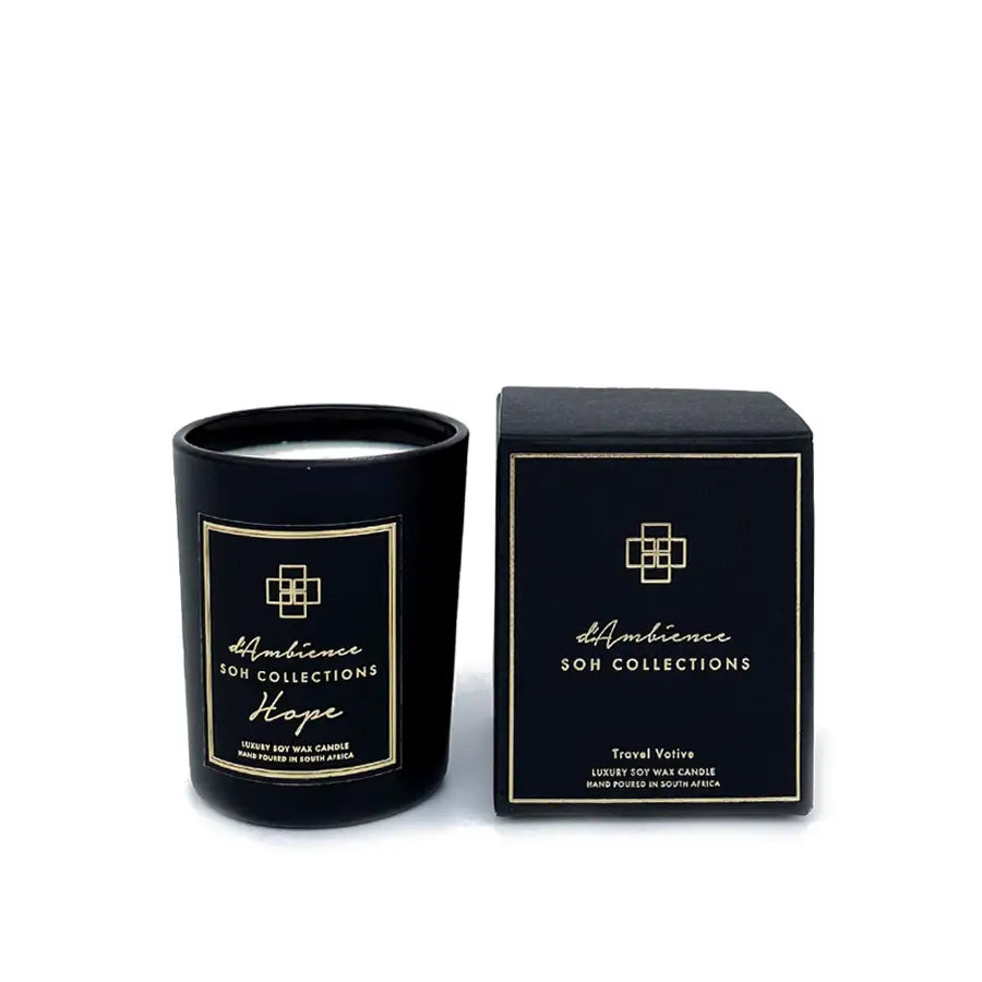 Black luxury scented candle and matching box from Hope Travel Votive, perfect as a scent diffuser