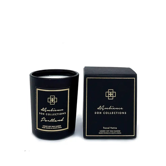 Black luxury soy wax candle with gold label and matching box, perfect for Portland scents