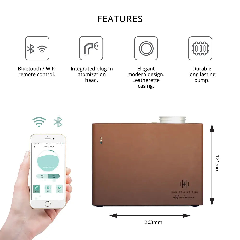 Roma Luxe brown leatherette essential oil diffuser with smart controls for home fragrance