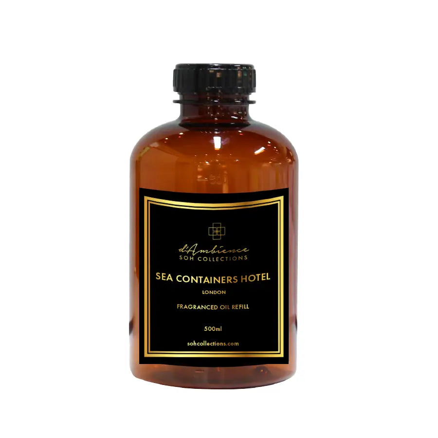 Amber plastic bottle of fragranced oil refill for Sea Containers Hotel scenting unit diffuser